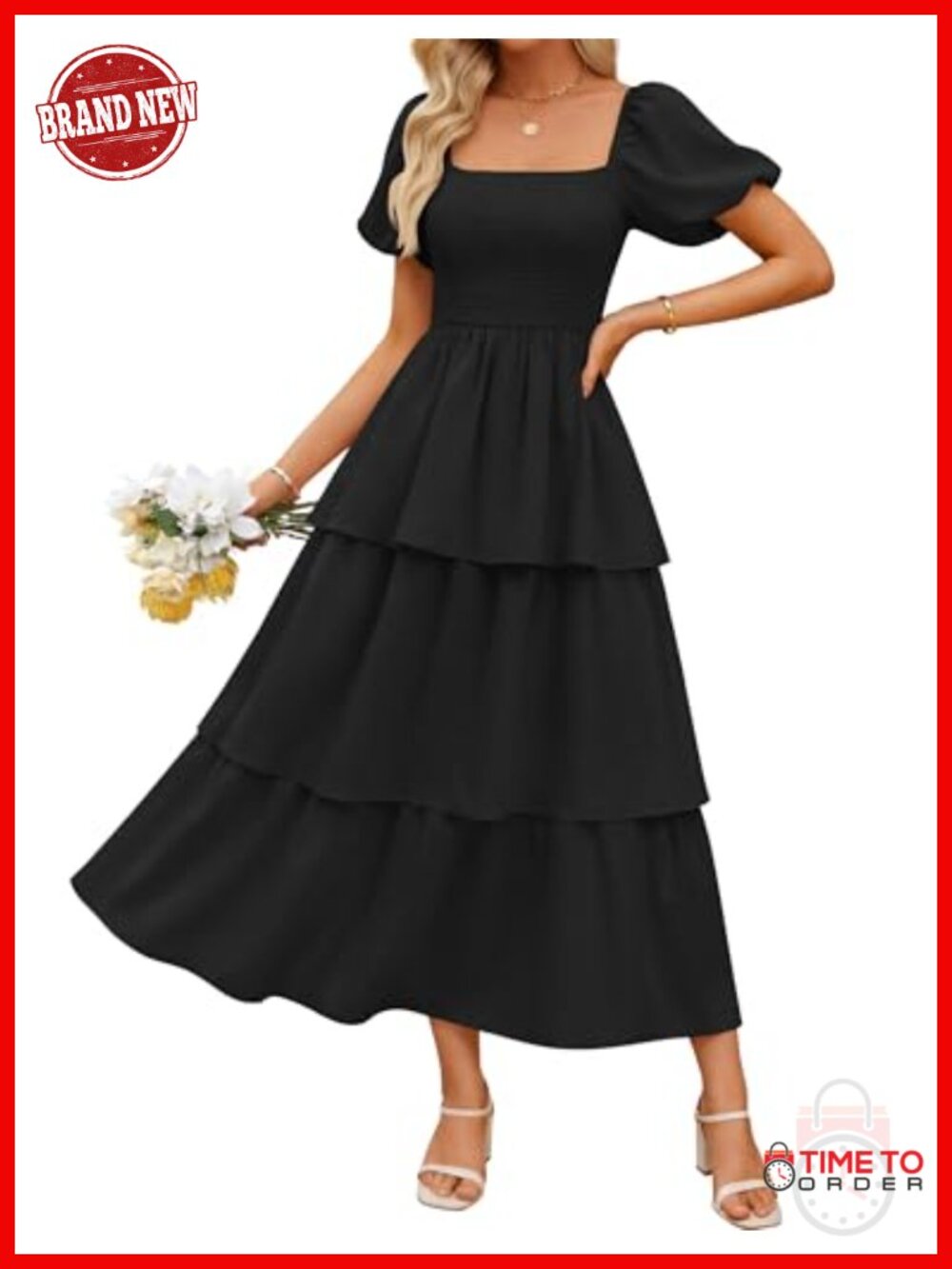 ZESICA Womens Summer Short Puff Sleeve Flowy Tiered Midi Dress